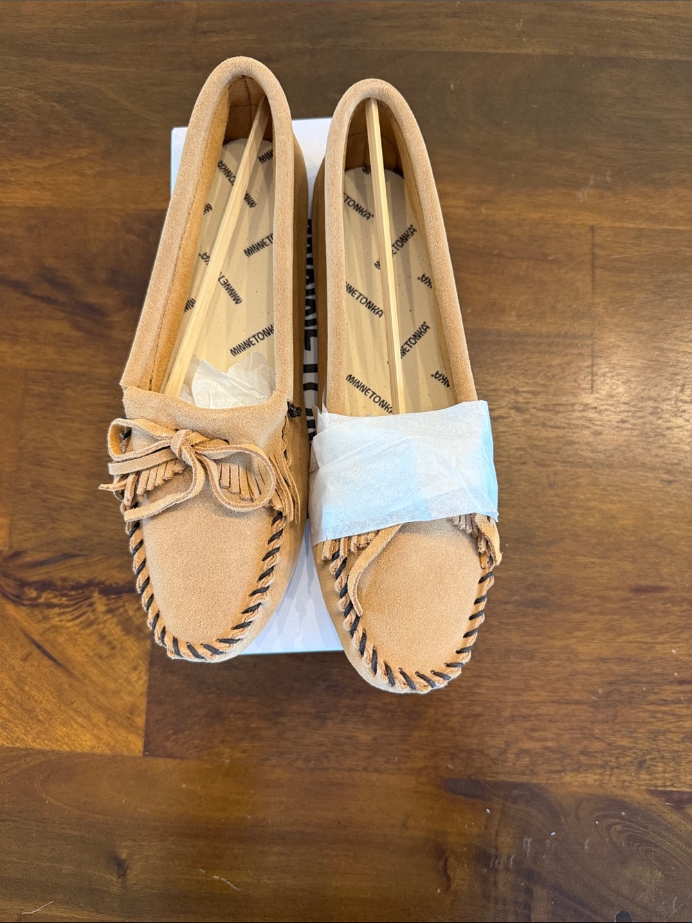 Minnetonka Suede Moccasins in Tan with Contrast Stitch